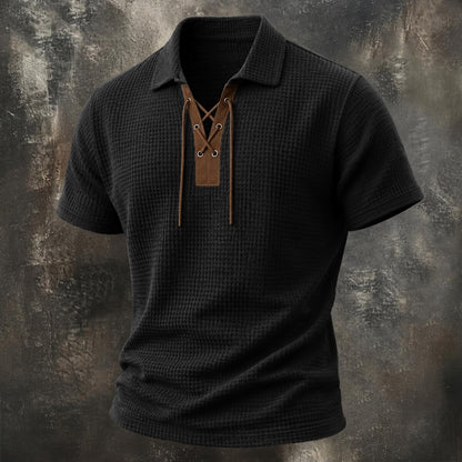 Vintage Lace-Up Collar Waffle Henley Shirt