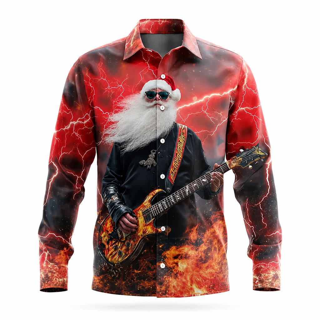 Christmas Santa Rock Guitar Button Shirt