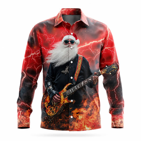 Christmas Santa Rock Guitar Button Shirt
