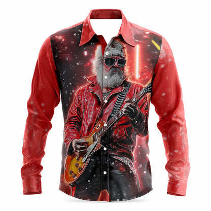 Christmas Santa Rock Guitar Button Shirt