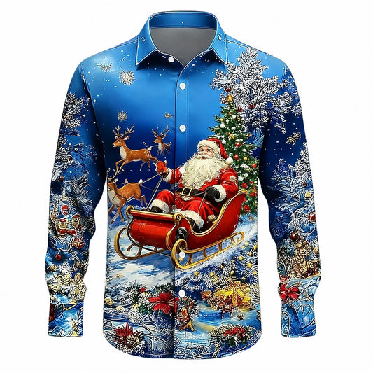 Men's Santa Sleigh Christmas Snowflake Button Shirt