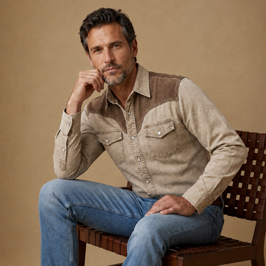 Vintage Washed Cotton Colorblock Denim Work Shirt