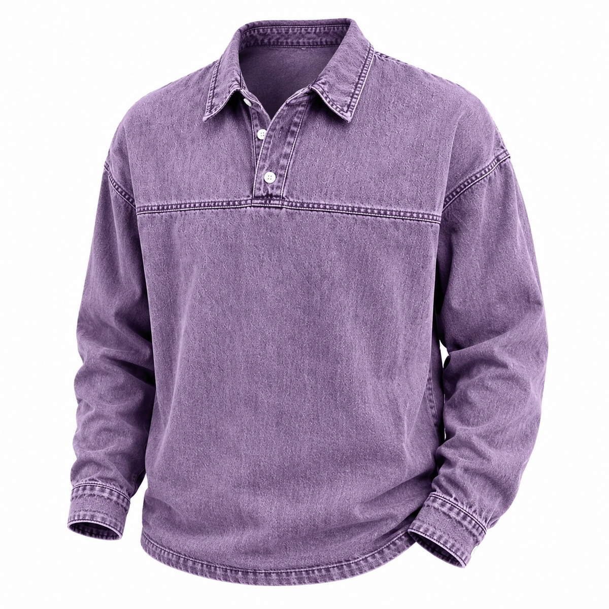 A purple long-sleeve button-up shirt with a collar and a two-button placket, styled on a white background.