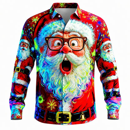 Men's Neon Santa Face Christmas Button Shirt