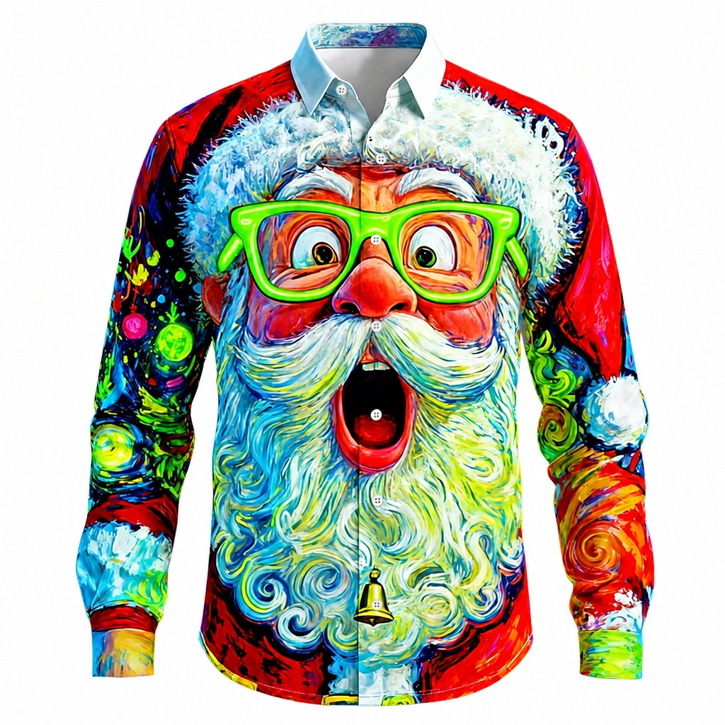 Men's Neon Santa Face Christmas Button Shirt