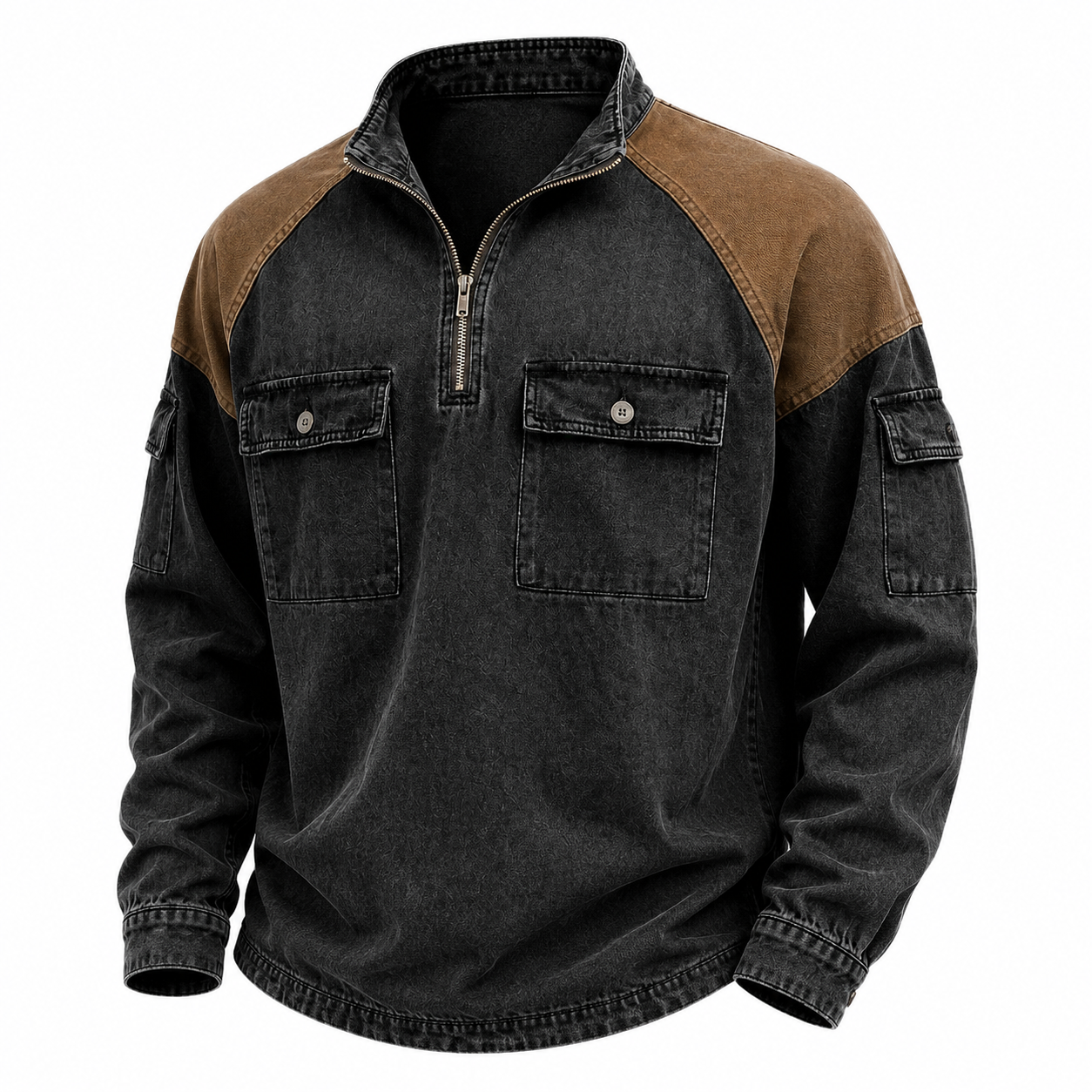 Broken-in Cotton Colorblock Zipped Henley Shirt