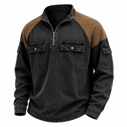 Broken-in Cotton Colorblock Zipped Henley Shirt
