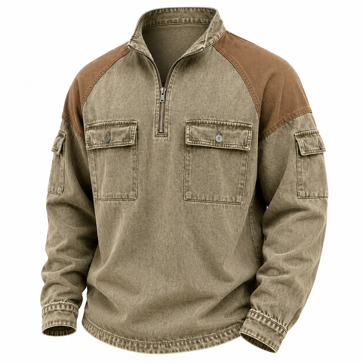 Broken-in Cotton Colorblock Zipped Henley Shirt