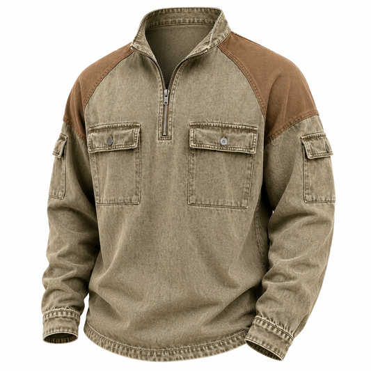 Colorblock Zipped Washed Cotton Henley Shirt