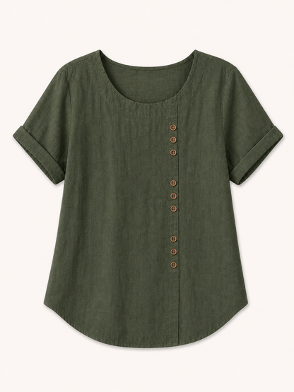 Olive green LoomBasics 100% cotton short sleeve top with partial button front