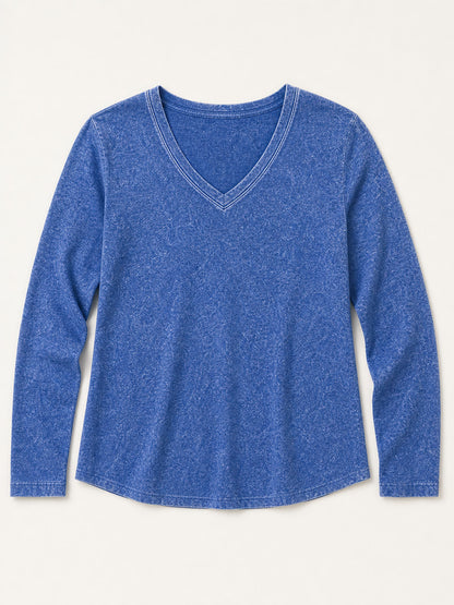 LoomBasics washed 100% cotton v-neck long sleeve top in blue