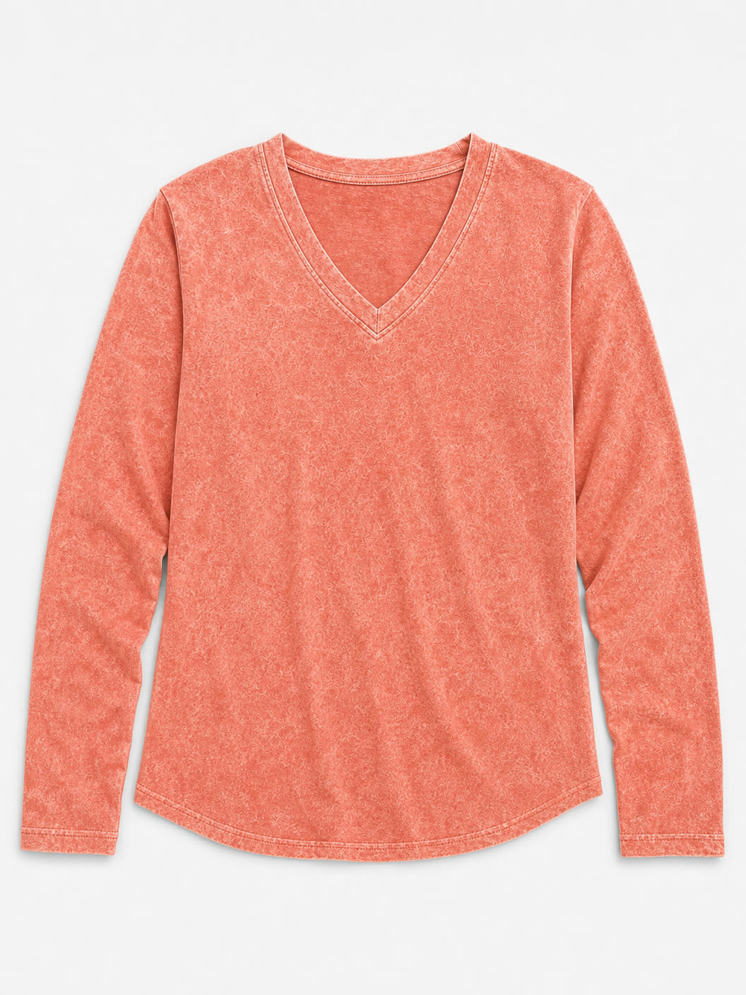 LoomBasics washed 100% cotton v-neck long sleeve top in coral orange