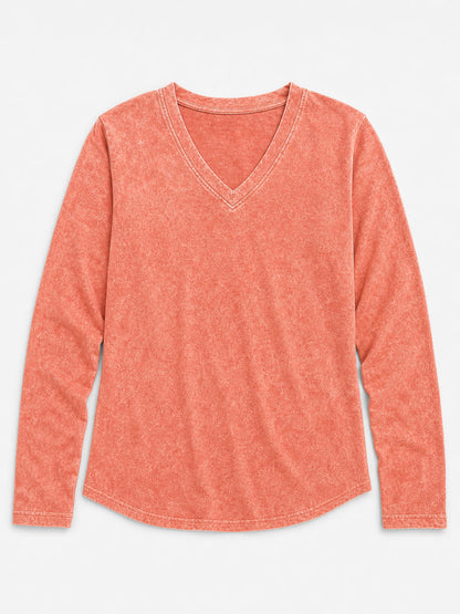 LoomBasics washed 100% cotton v-neck long sleeve top in coral orange