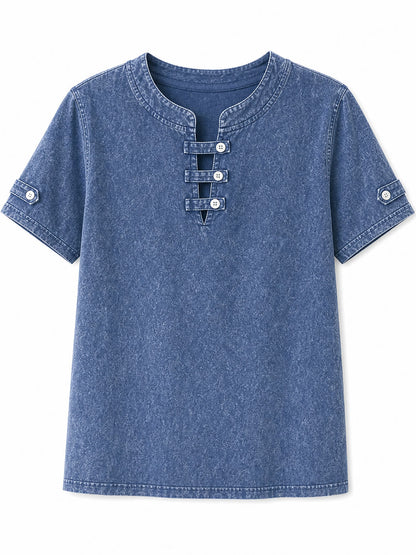 LoomBasics blue 100% cotton short sleeve tee with button-up neckline