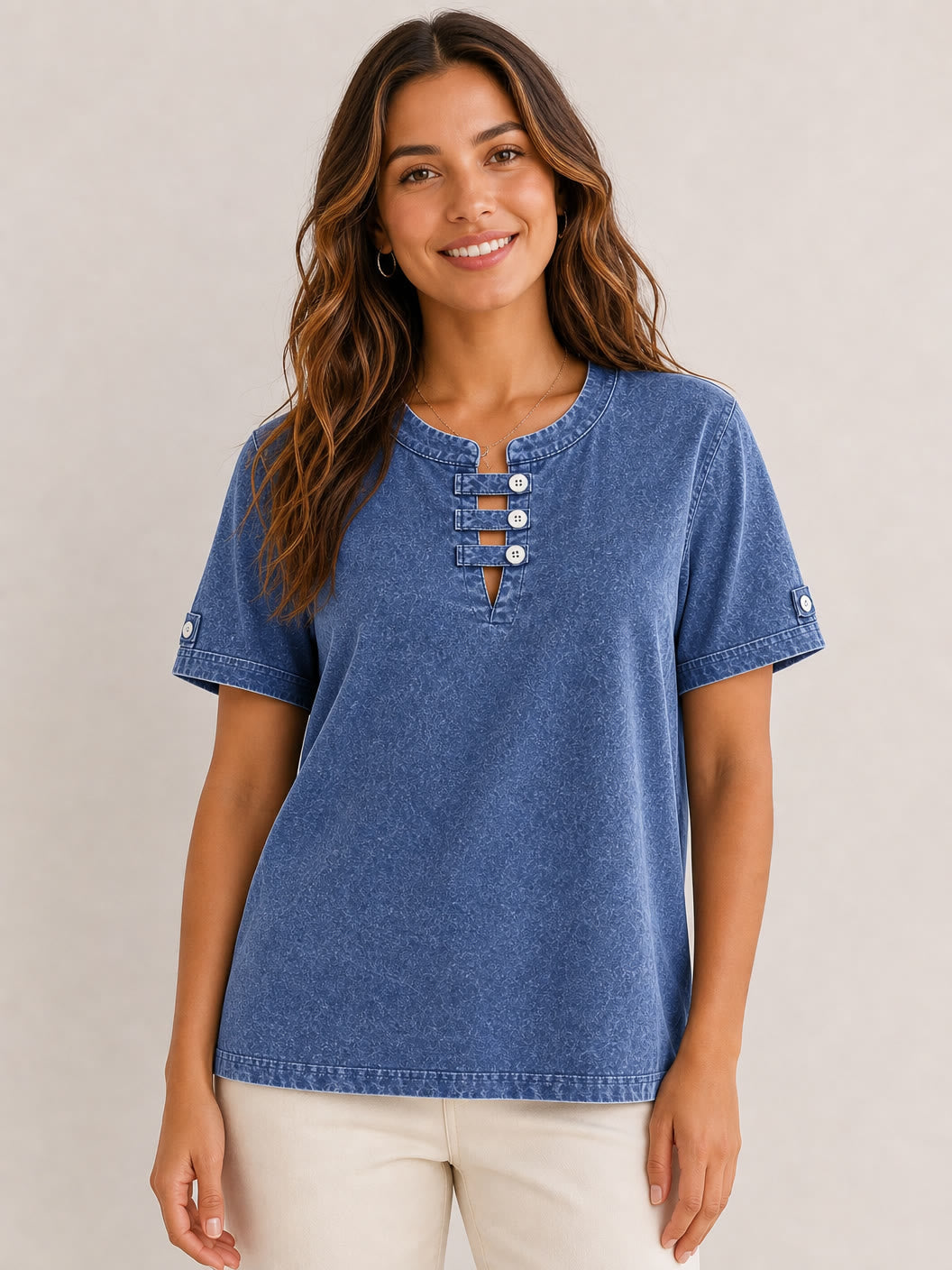 Woman wearing a LoomBasics blue 100% cotton short sleeve tee with button-detail neckline