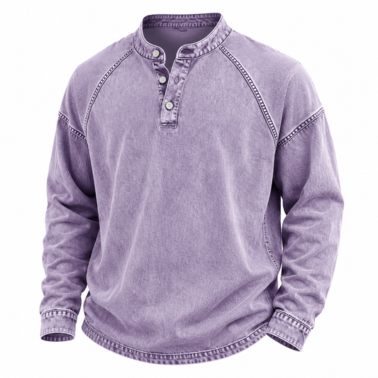 Retro Henley Shirt - Washed Cotton Casual Long Sleeve