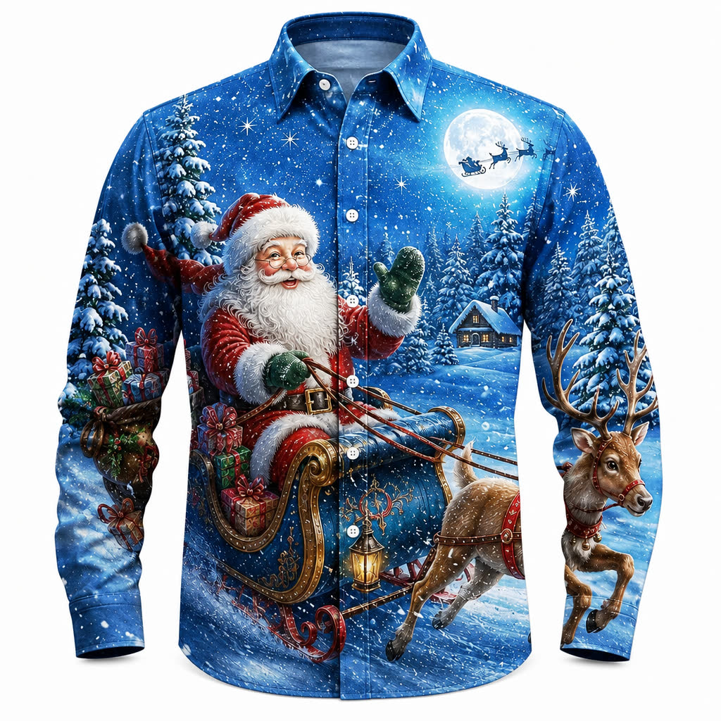 Santa Christmas Tree Bell Button Shirt