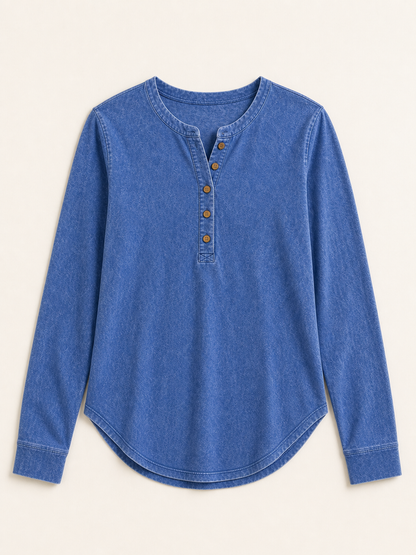 LoomBasics vintage blue 100% cotton long sleeve henley shirt with buttons