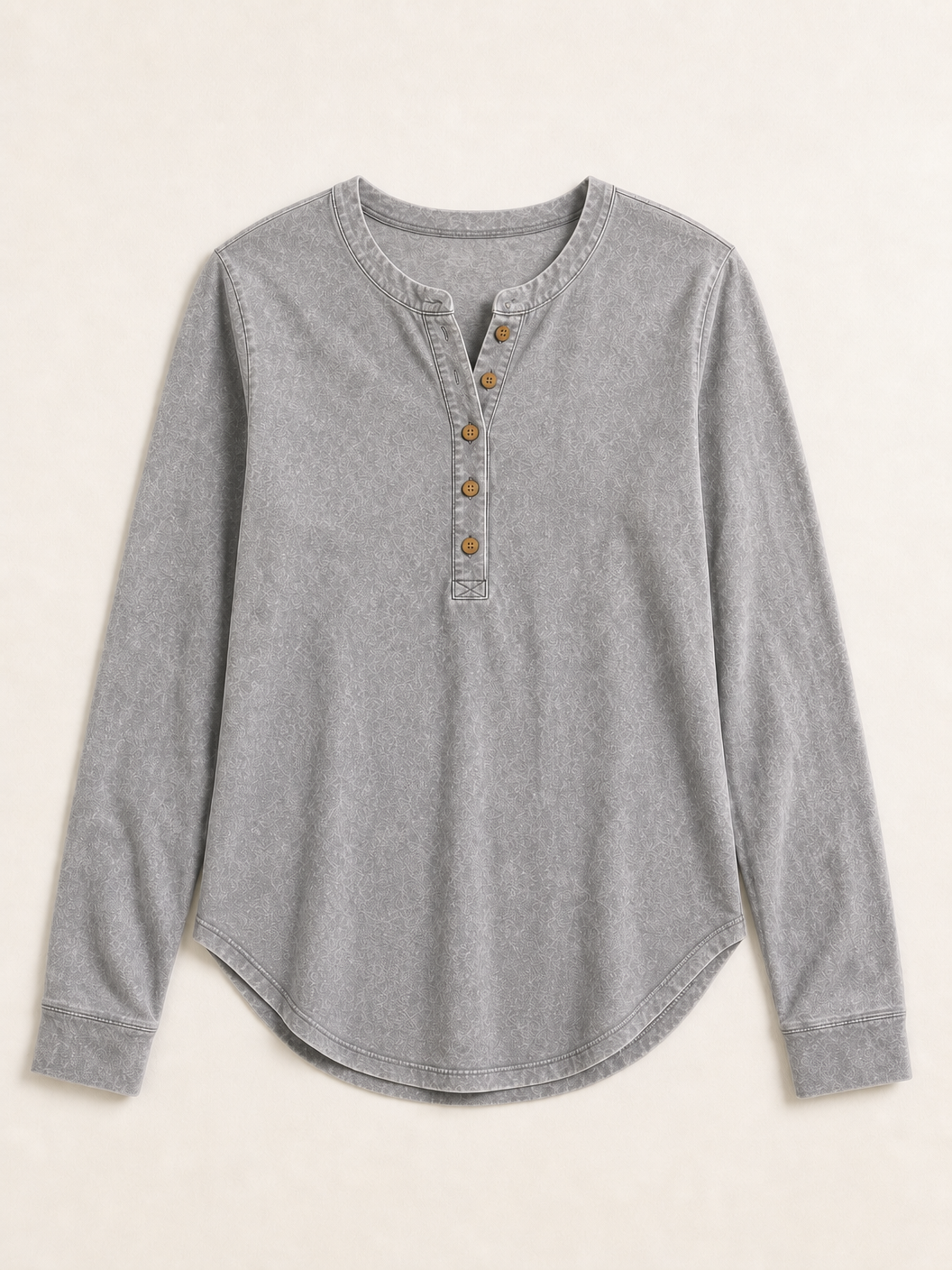 LoomBasics vintage grey 100% cotton long sleeve henley shirt with button placket