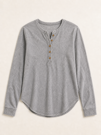 LoomBasics vintage grey 100% cotton long sleeve henley shirt with button placket