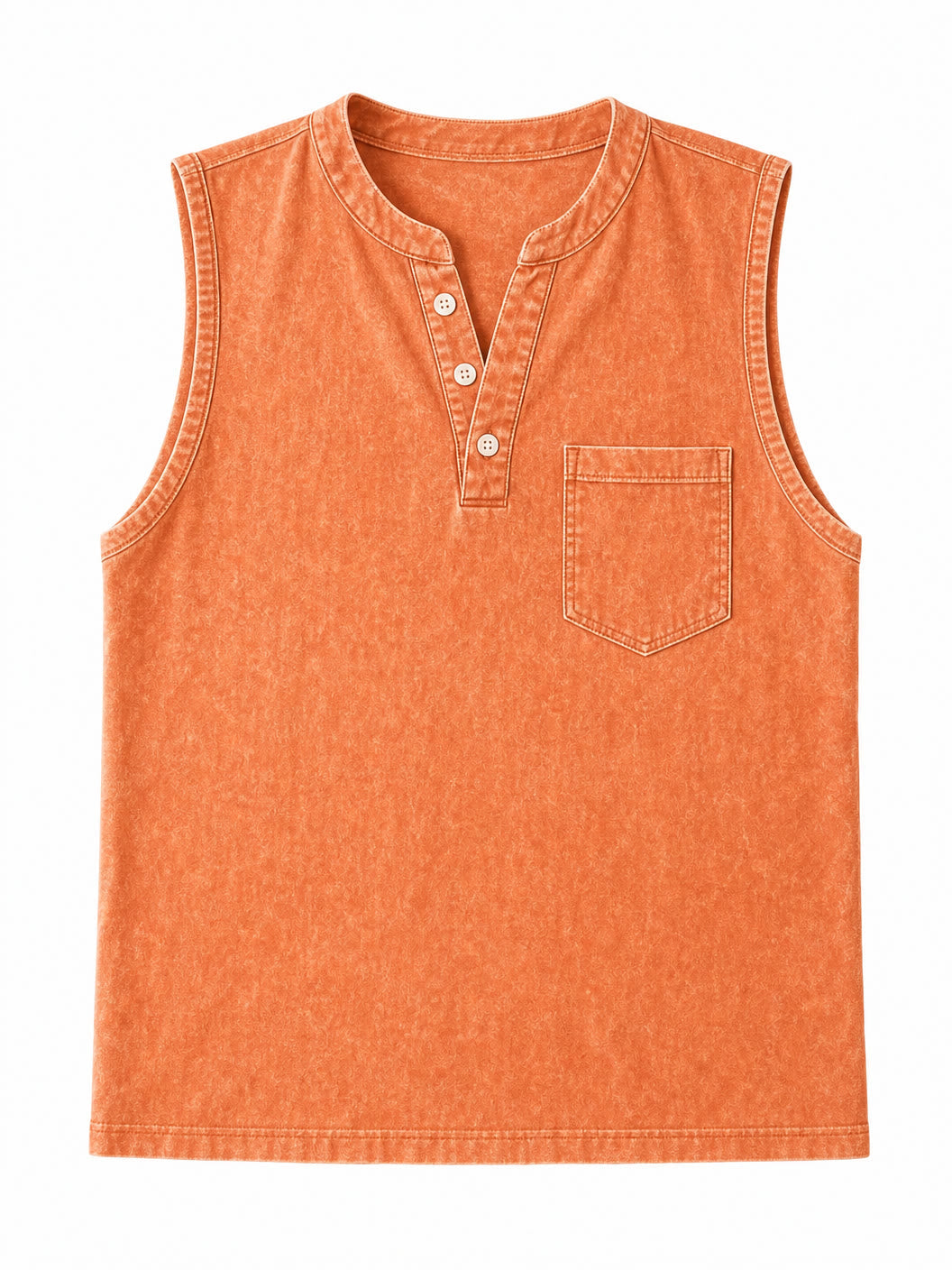Orange casual 100% cotton sleeveless henley tee with button placket and chest pocket by LoomBasics