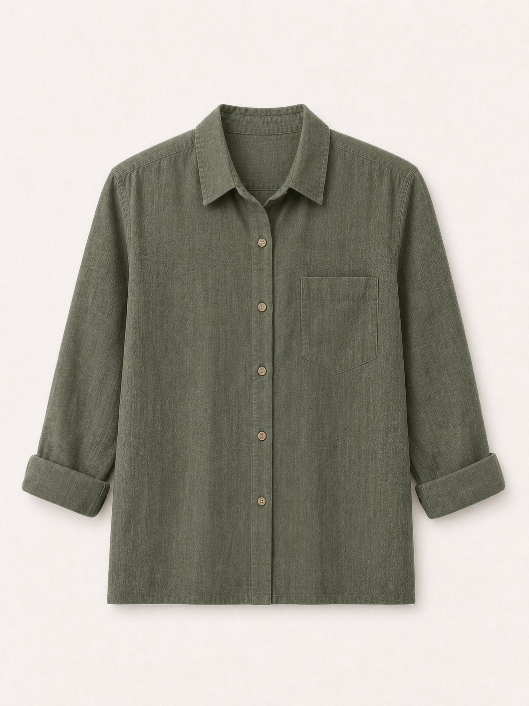 LoomBasics 100% cotton olive green button-up shirt with chest pocket