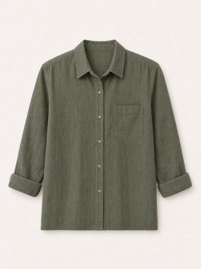 LoomBasics 100% cotton olive green button-up shirt with chest pocket