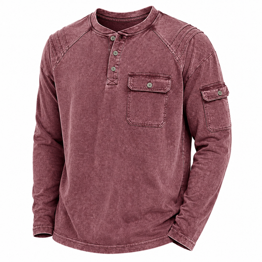 Vintage Stand Collar Washed Cotton Henley
