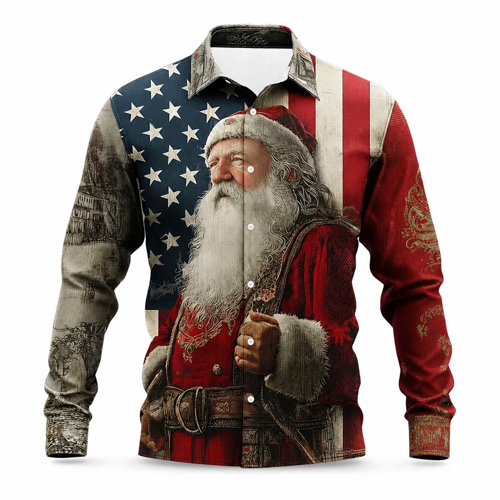 Christmas Santa Eagle Flag Button Shirt