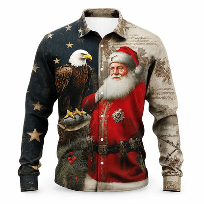 Christmas Santa Eagle Flag Button Shirt