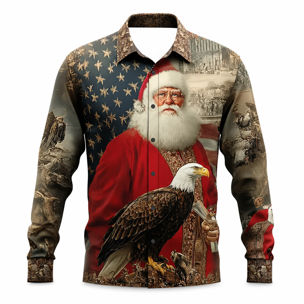 Christmas Santa Eagle Flag Button Shirt