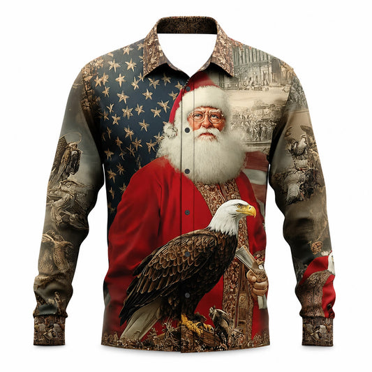 Christmas Santa Eagle Flag Button Shirt