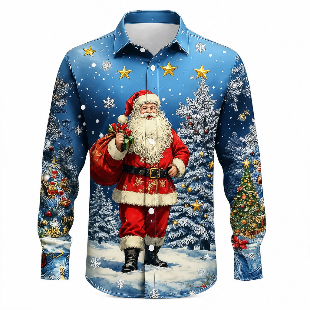 Christmas Santa Tree Snowflake Button Shirt