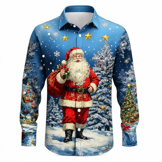 Christmas Santa Tree Snowflake Button Shirt
