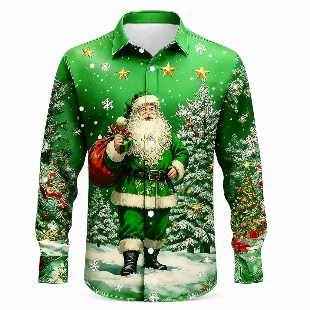 Christmas Santa Tree Snowflake Button Shirt