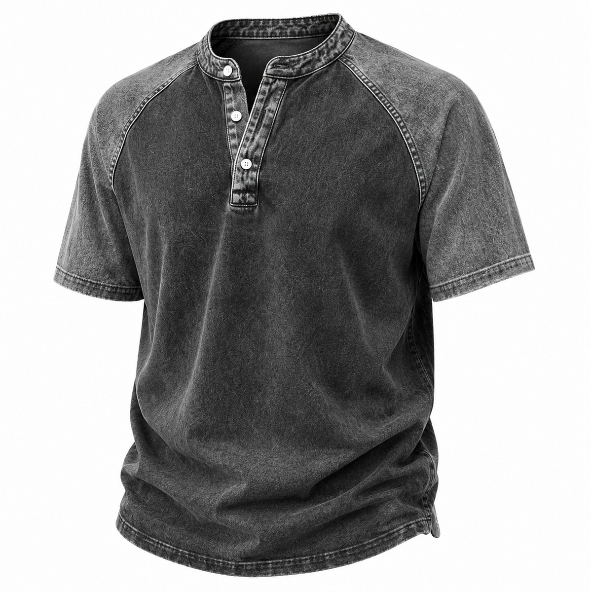A dark gray washed short-sleeve henley shirt with a buttoned collar and raglan-style sleeves, shown on a plain white background.