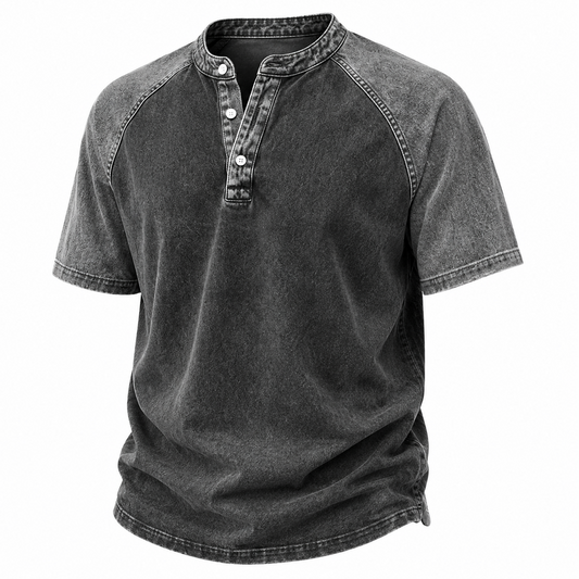 A dark gray washed short-sleeve henley shirt with a buttoned collar and raglan-style sleeves, shown on a plain white background.