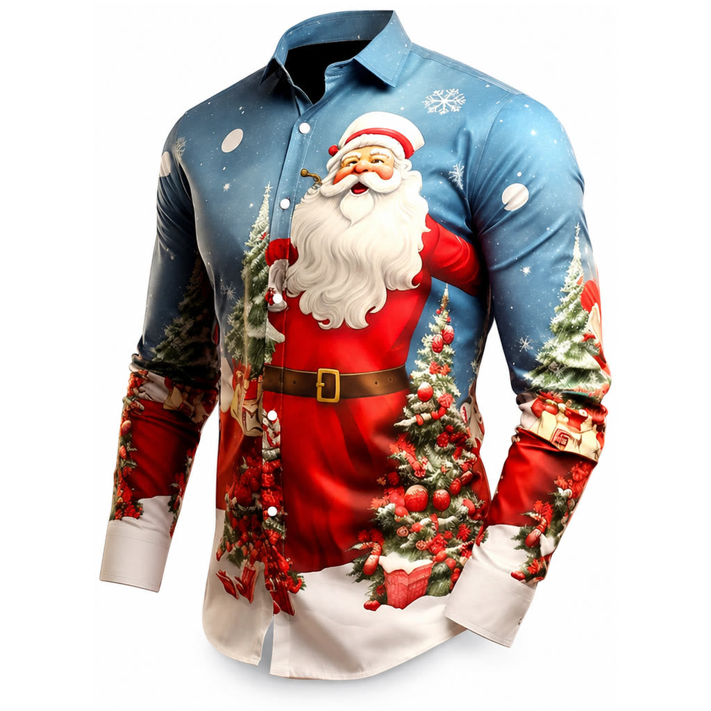 Christmas Santa Holiday Stretch Button Shirt