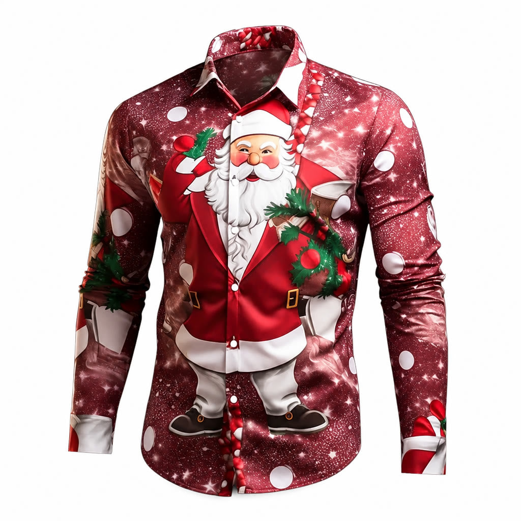 Christmas Santa Holiday Stretch Button Shirt
