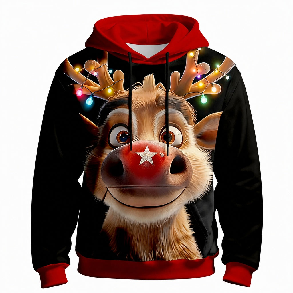 Christmas Rudolph Moose Festive Drawstring Hoodie