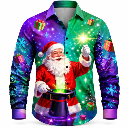 Christmas Santa Tree Lights Button Shirt