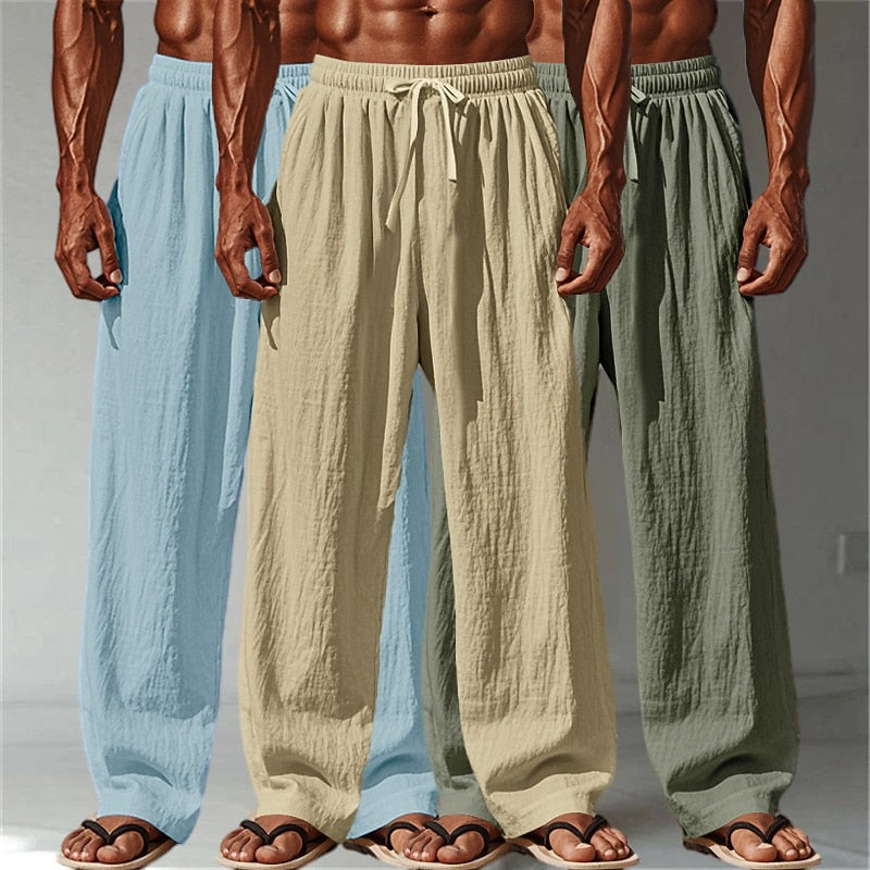 3PCS Cotton Linen Pants - Baggy Drawstring Casual Pants