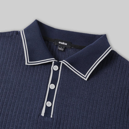 Ribbed Knit Polo Shirt-Modern Color‑Block