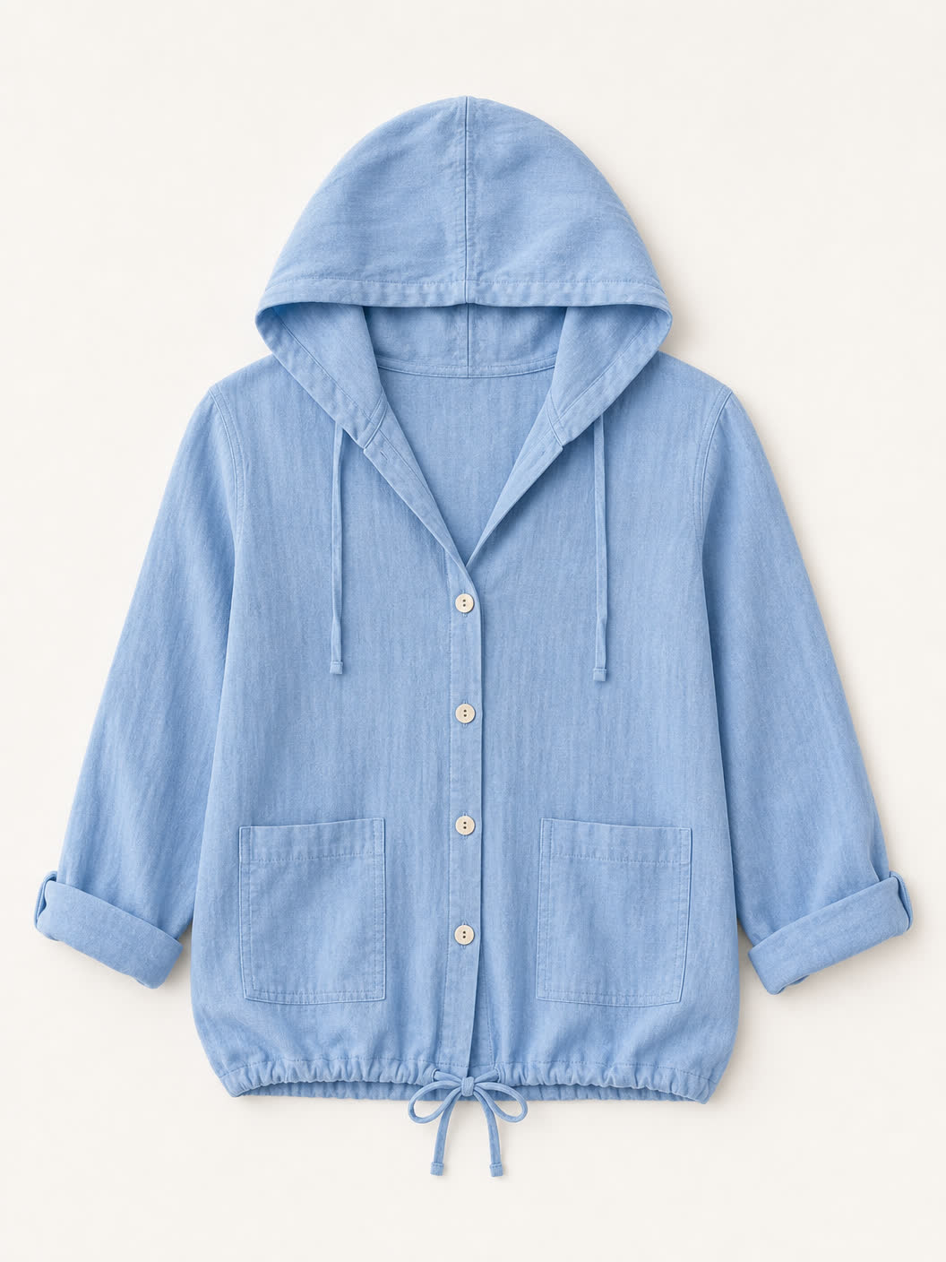 Light blue LoomBasics 100% cotton hooded drawstring shirt with front pockets and buttons