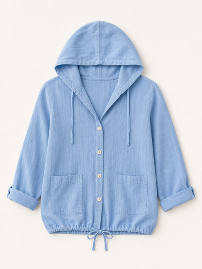 Light blue LoomBasics 100% cotton hooded drawstring shirt with front pockets and buttons
