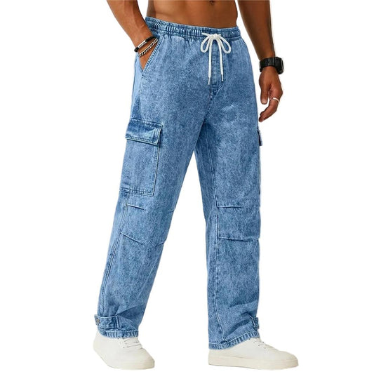A person wearing light blue acid-wash cargo pants with a white drawstring waist, shown from the waist down against a plain white background.