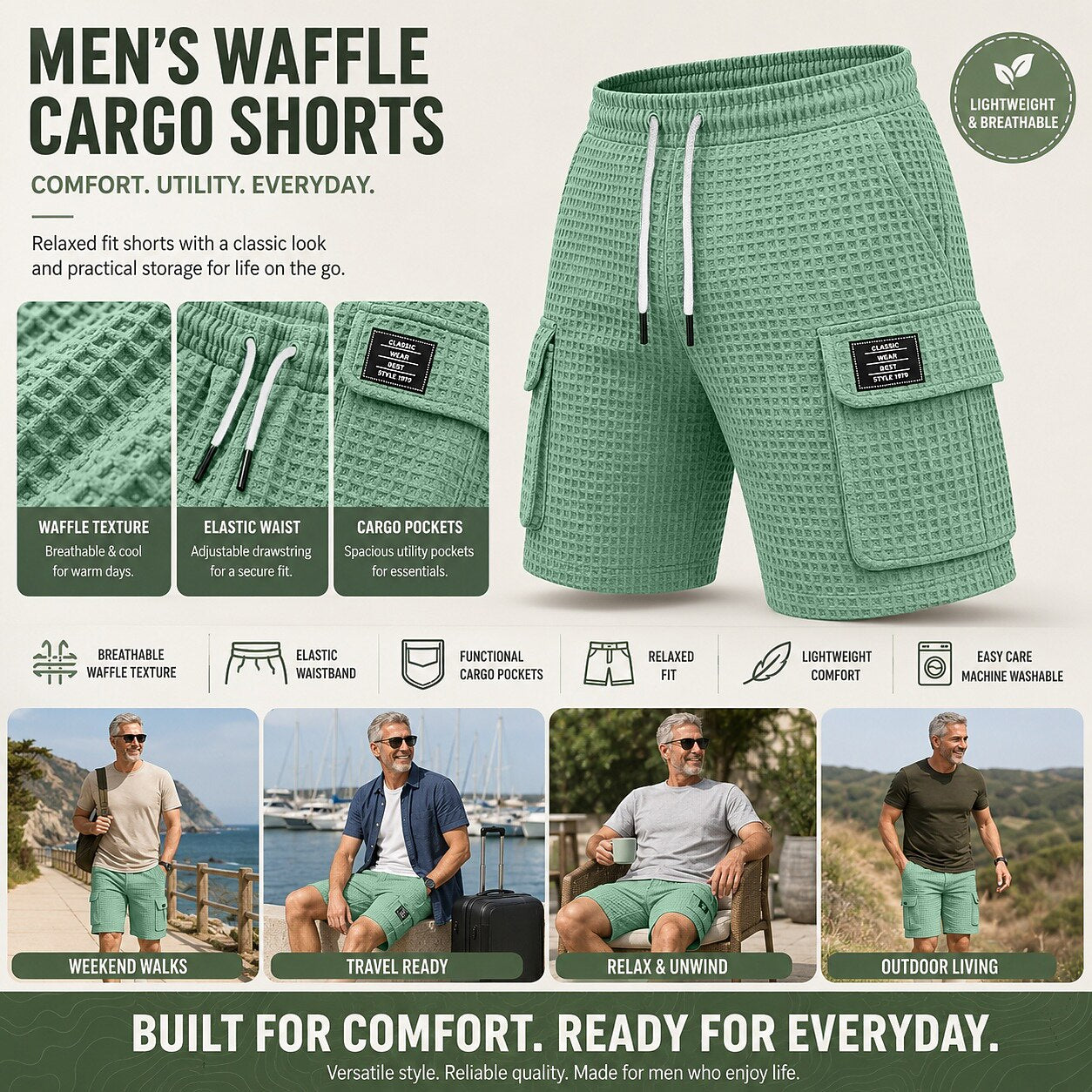 Men's Waffle Drawstring Cargo Shorts