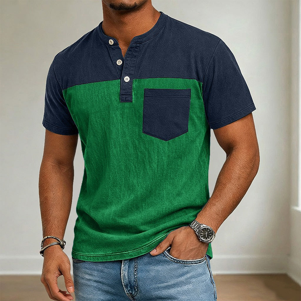 100% Cotton Color Block Henley Tee