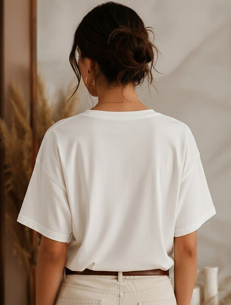 Rear view of a woman wearing a white 100% cotton music tee by LoomBasics.