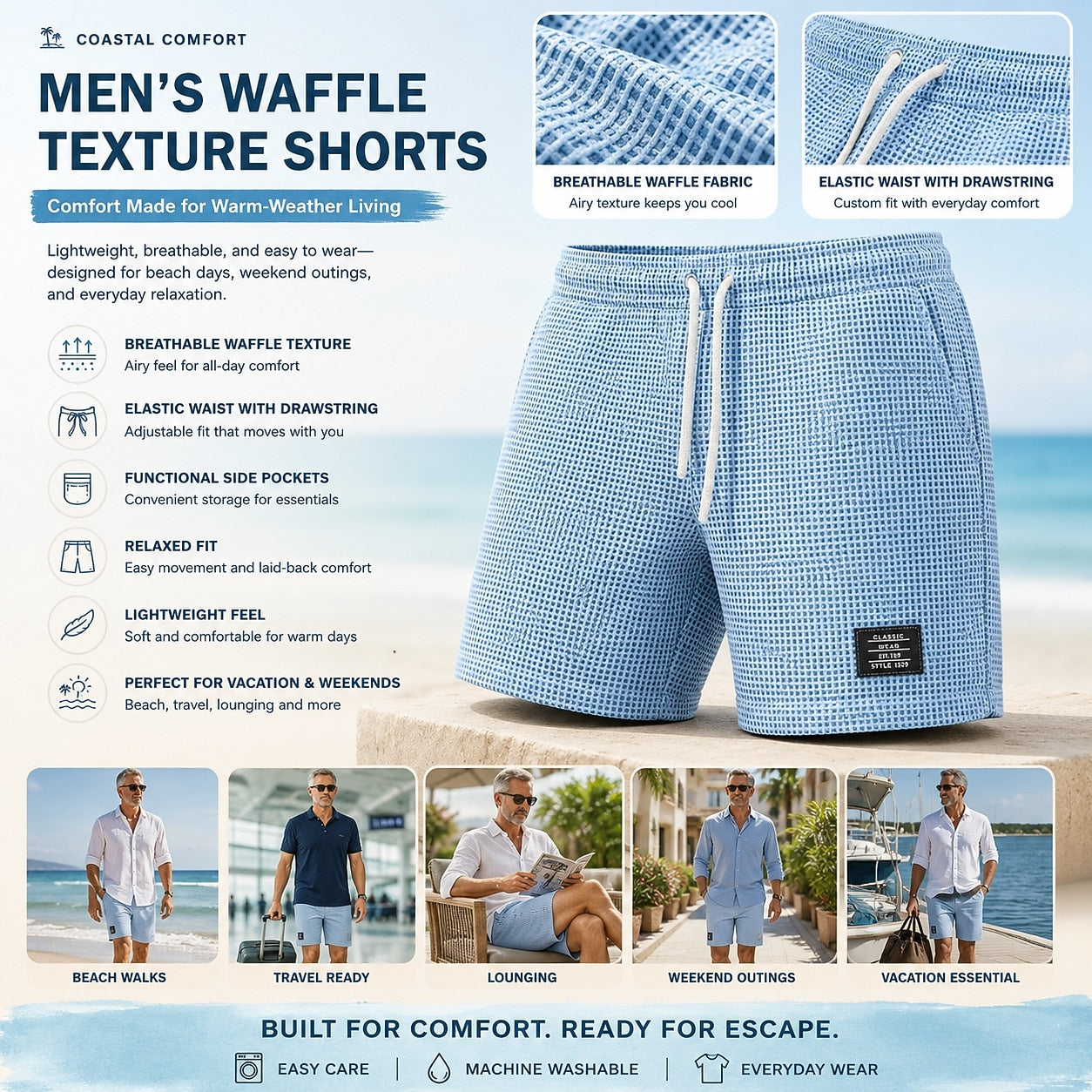 Men's Waffle Shorts With Elastic Waist